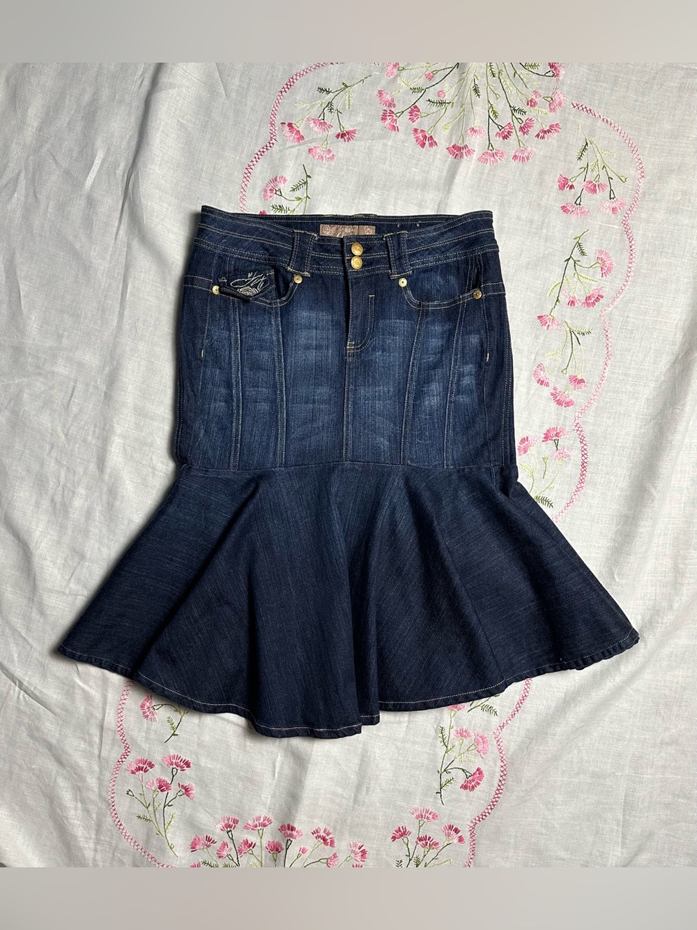 Candie’s Y2K Denim Mermaid Skirt Rose Embroidery Size M/L